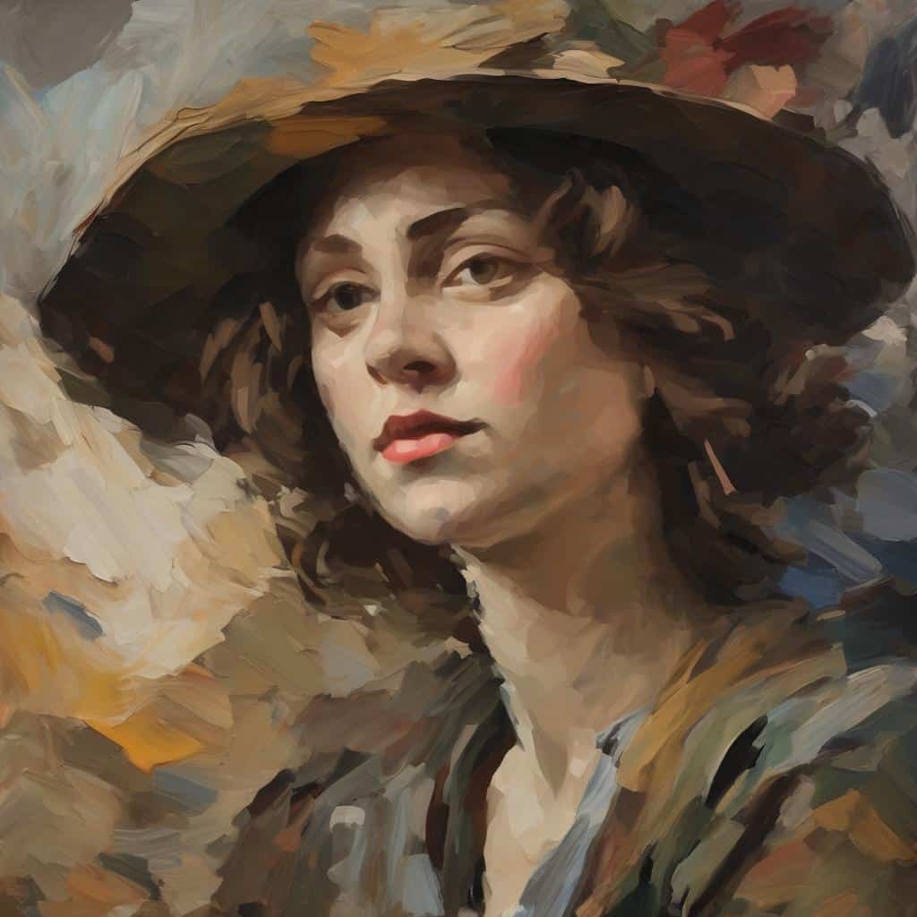 Μορφασμένο πορτρέτο γυναίκας με μεγάλο καπέλο και φυσική έκφραση, ατμόσφαιρα και αισθητική τέχνης.