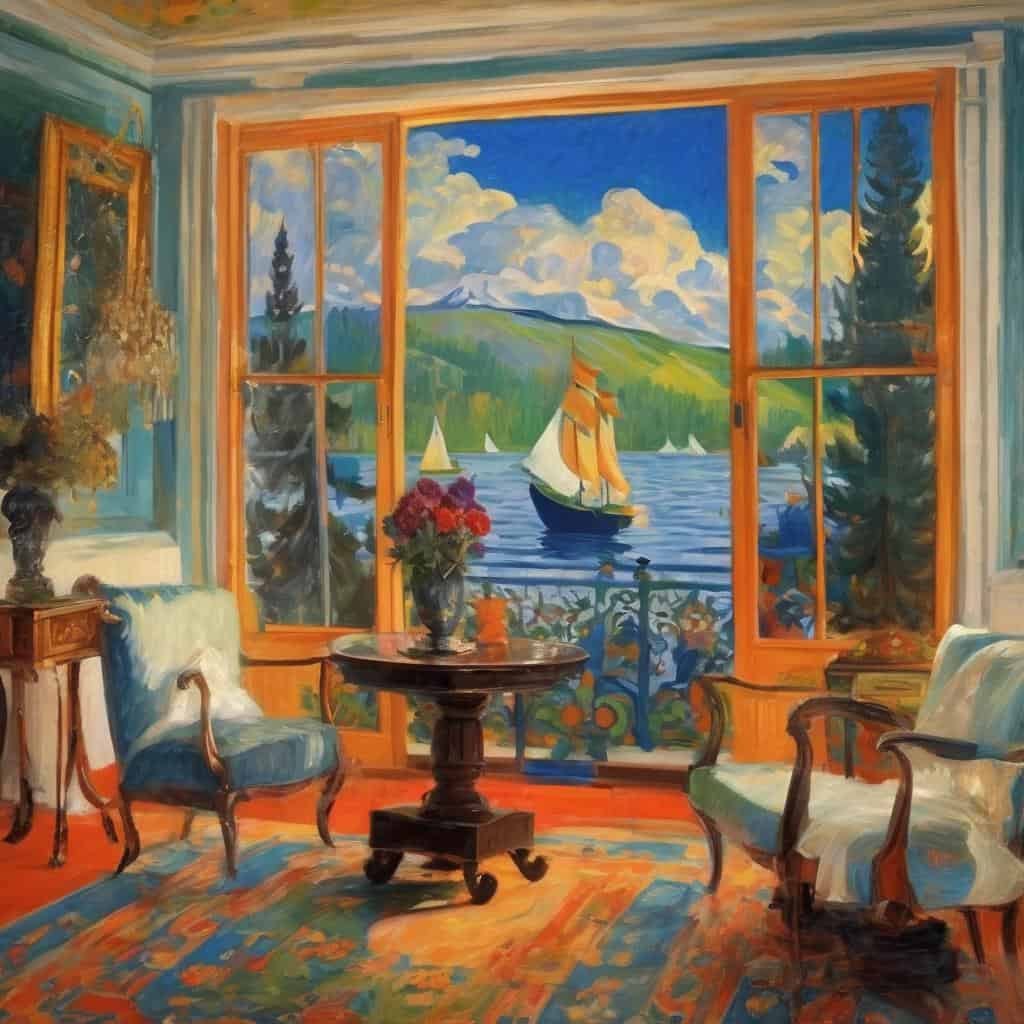 Αντίγραφο εικόνας - εσωτερικό με παράθυρο που δείχνει το τοπίο και τη θάλασσα με πλοία, σε ζωγραφική τεχνική, ιδανικό για καλλιτεχνικό χώρο.