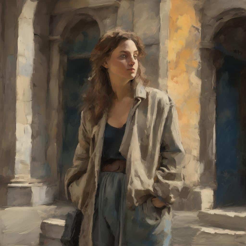 παλιά γυναίκα σε πύλη, η αναγνώριση του αόρατου, ρεαλιστική τέχνη, πορτρέτο γυναίκας, βαθύτερη κατανόηση, τέχνη και φιλοσοφία.