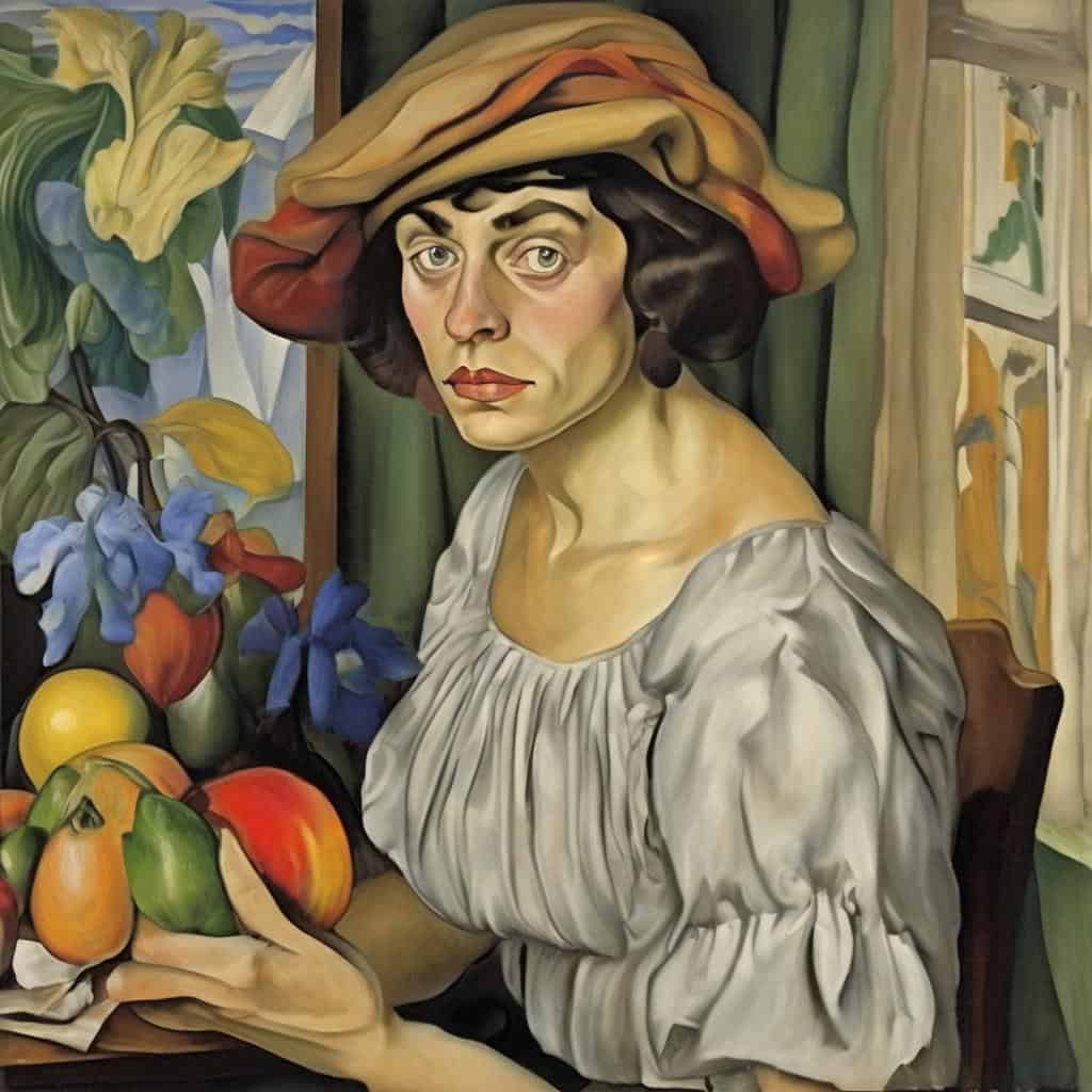 Λεύκωμα του έργου "Η Αναγνώριση του Αόρατου" από τον Σαξόπου, πορτρέτο γυναίκας με φλοράλ και φρούτα, σύγχρονη αναπαράσταση τέχνης.