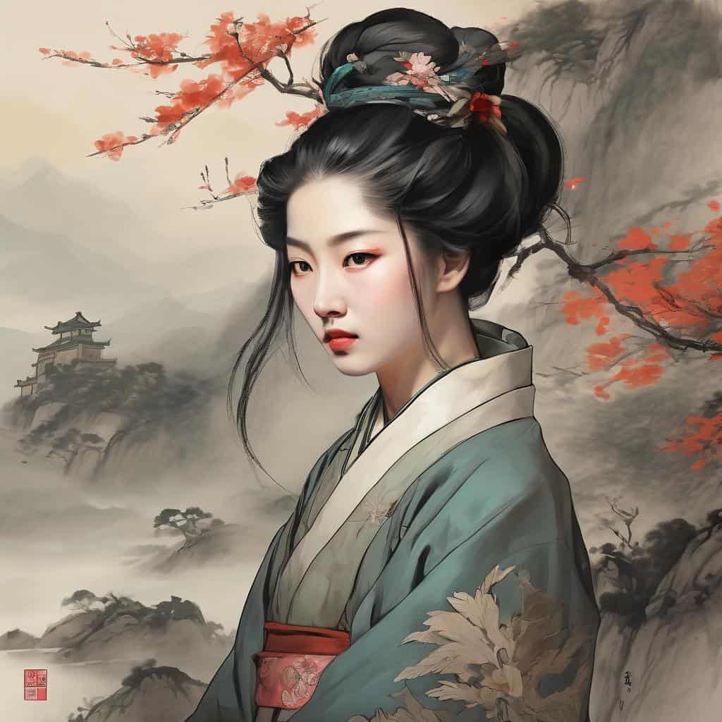 Ομορφη γυναίκα σε παραδοσιακή κινεζική ενδυμασία με φόντο φυσικό τοπίο και ανθισμένα δέντρα.