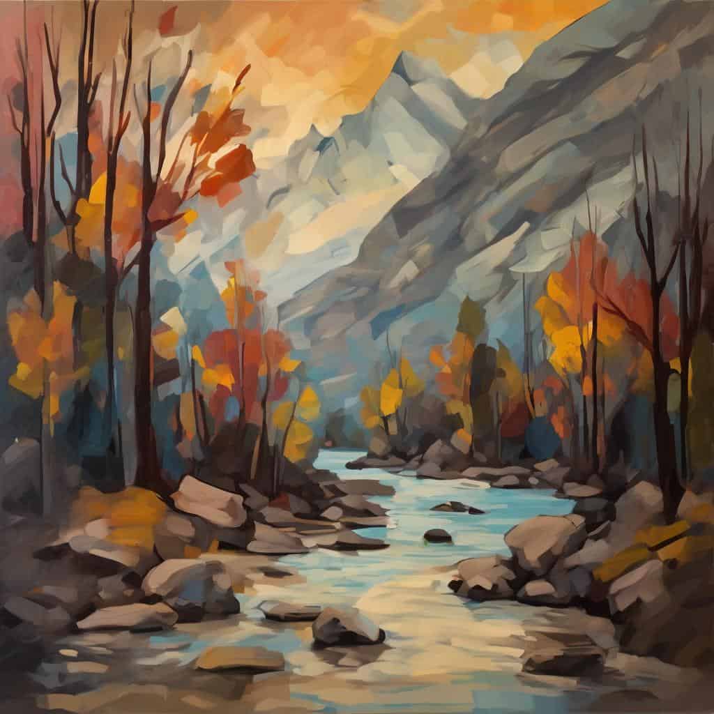 Έγχρωμο τοπίο με ποταμό και βουνά, με φθινοπωρινά δέντρα και βράχια, εμπνευσμένο από τη φύση.