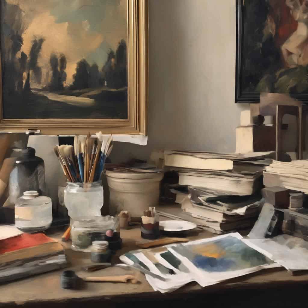 Ανέμελος καμβάς και πινέλα σε καλλιτεχνικό στούντιο, αποκαλύπτοντας τη διαδικασία της δημιουργίας ζωγραφικής τέχνης.