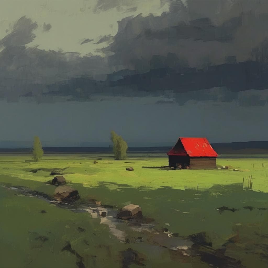 Ορατότητα και αναγνώριση του αόρατου τοπίου σε ηλιοβασίλεμα, εικόνα μιας μοναχικής καλύβας σε ανοιχτό πεδίο.